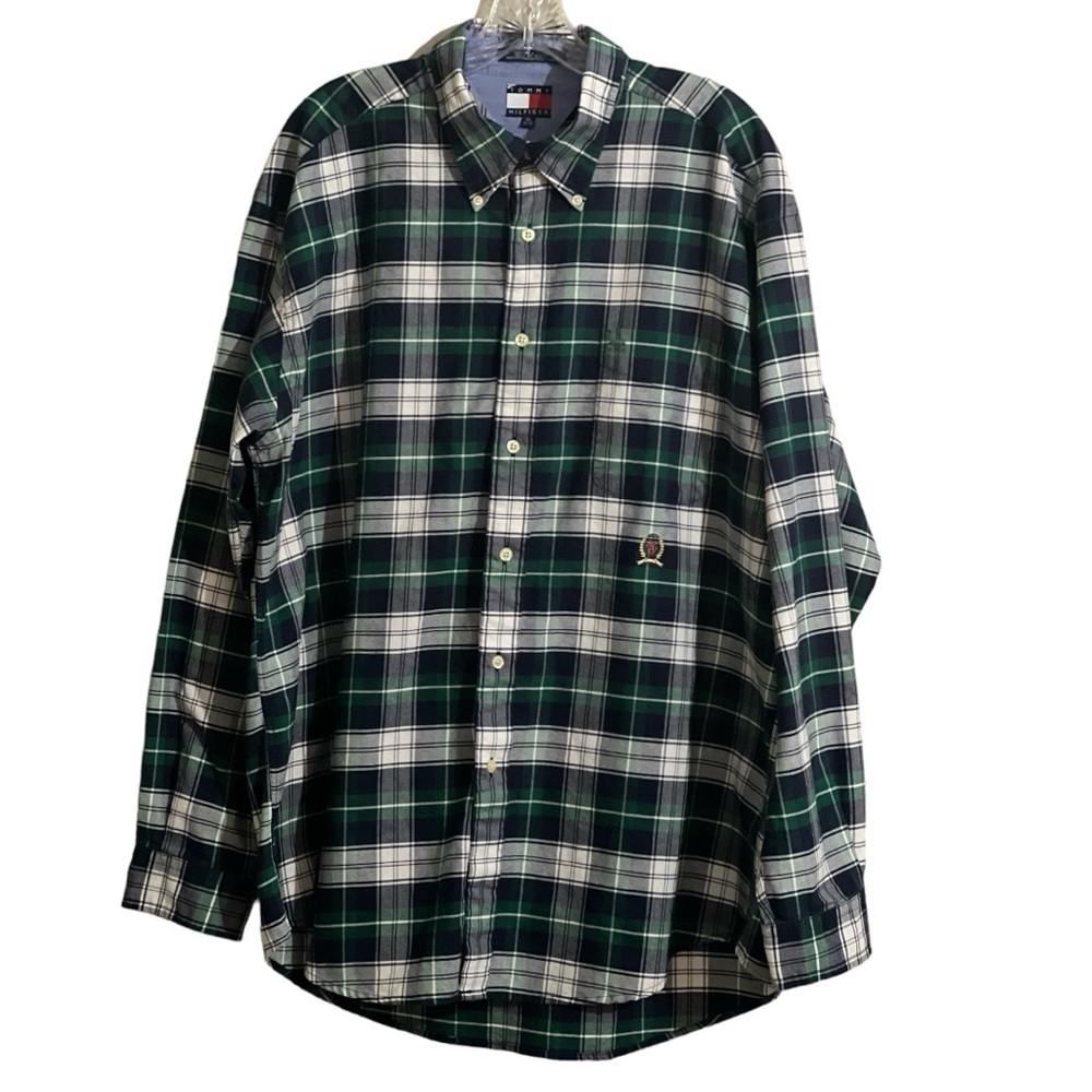 Tommy Hilfiger Shirt XL Green Blue White Men’s Cotton Plaid Long Sleeve